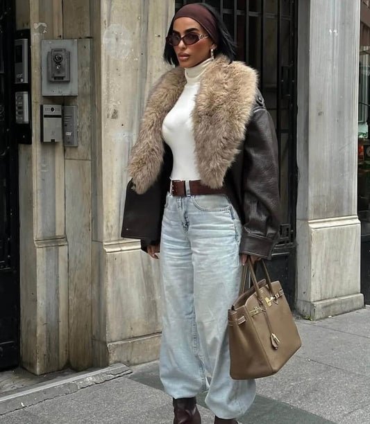 Ivyris Kunstlederjacke mit abnehmbarem Pelzkragen