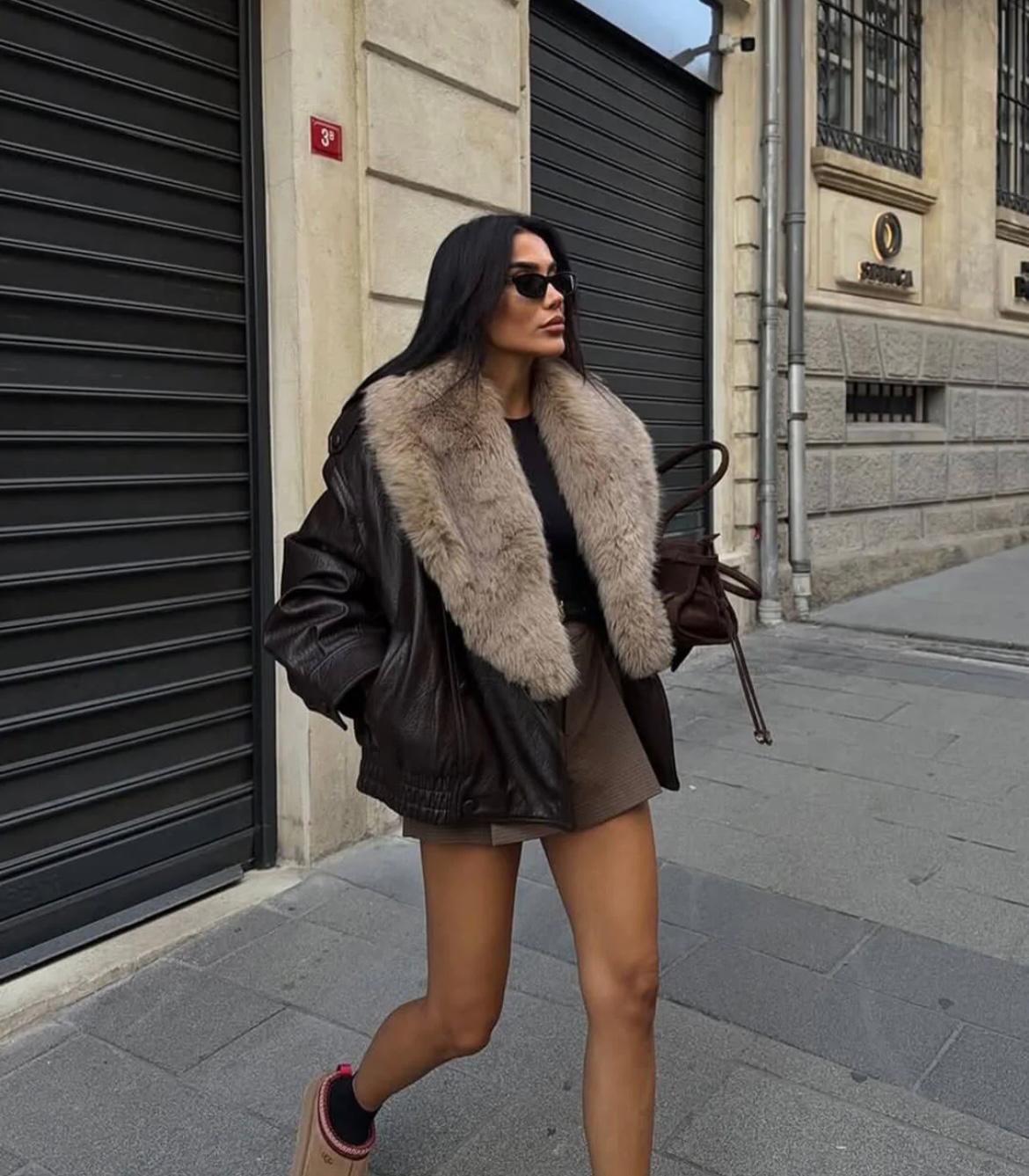 Ivyris Kunstlederjacke mit abnehmbarem Pelzkragen